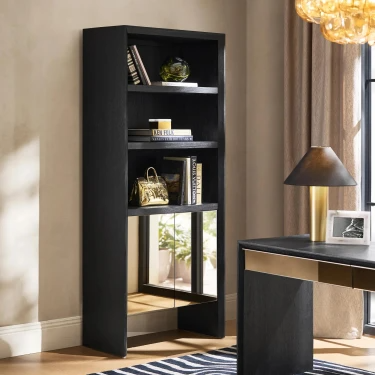 Bookcase with Mirrored Doors and Open Display Shelves