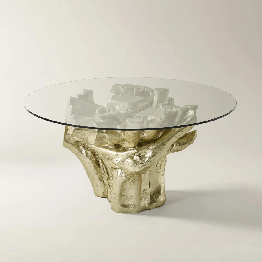 Dining Table with Tempered Glass Top and Sculptural Resin Base