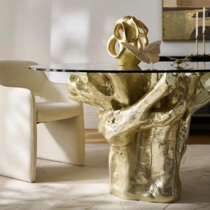Dining Table with Tempered Glass Top and Sculptural Resin Base