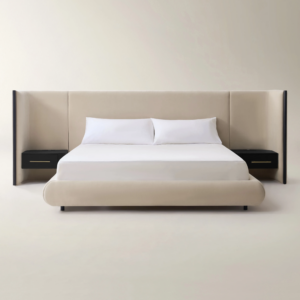 Upholstered Platform Bed with Integrated Nightstands and Power Outlets