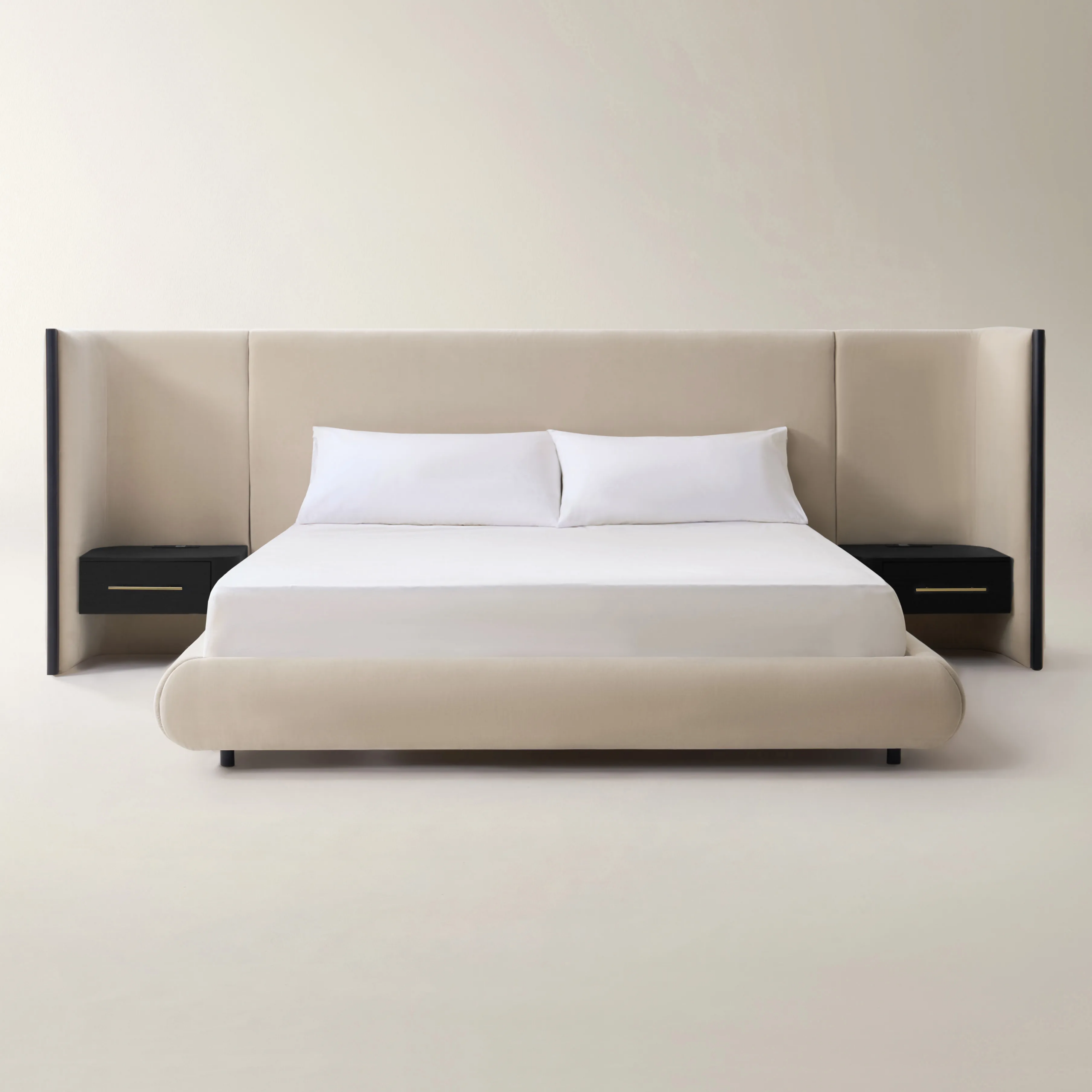 Upholstered Platform Bed with Integrated Nightstands and Power Outlets