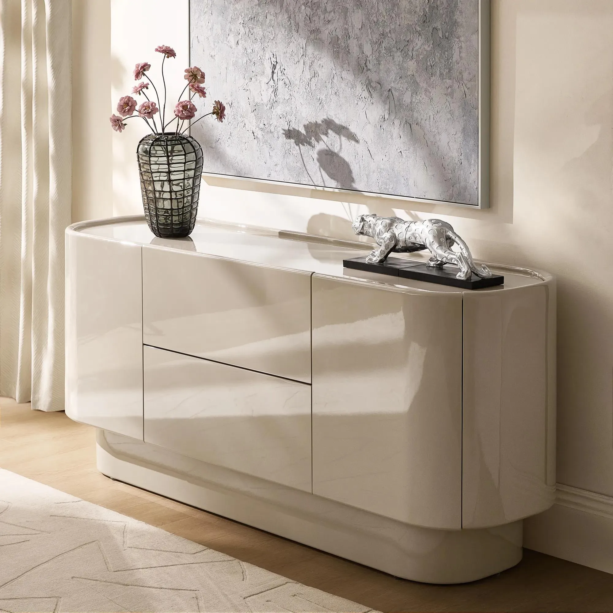 Buffet Cabinet with Glass Top and Soft Close Storage