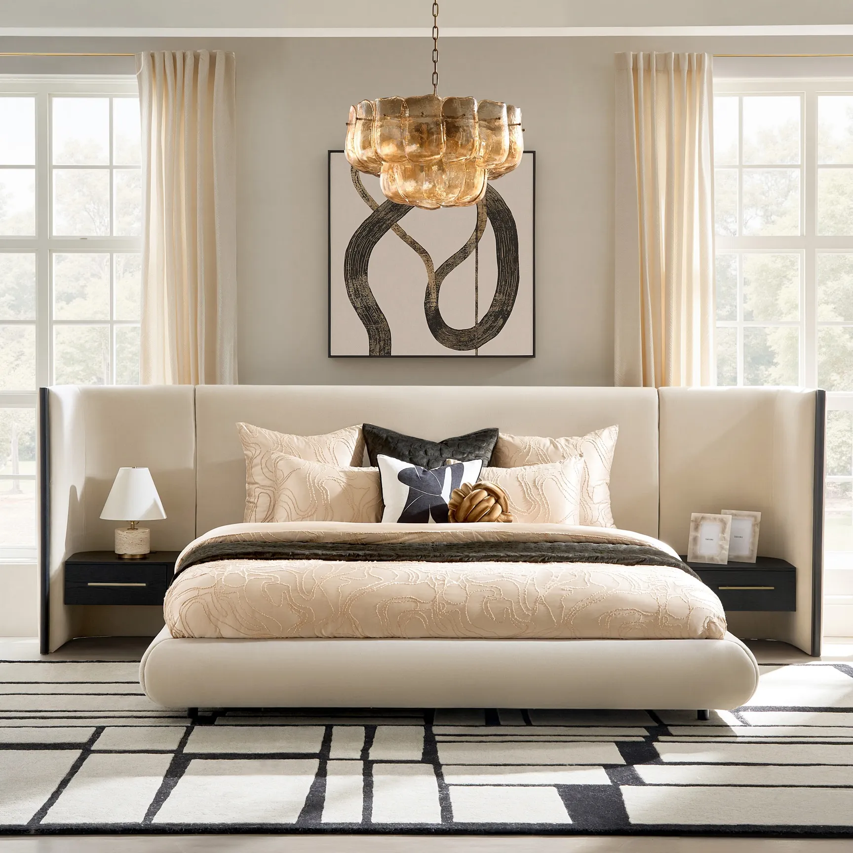 Upholstered Platform Bed with Integrated Nightstands and Power Outlets