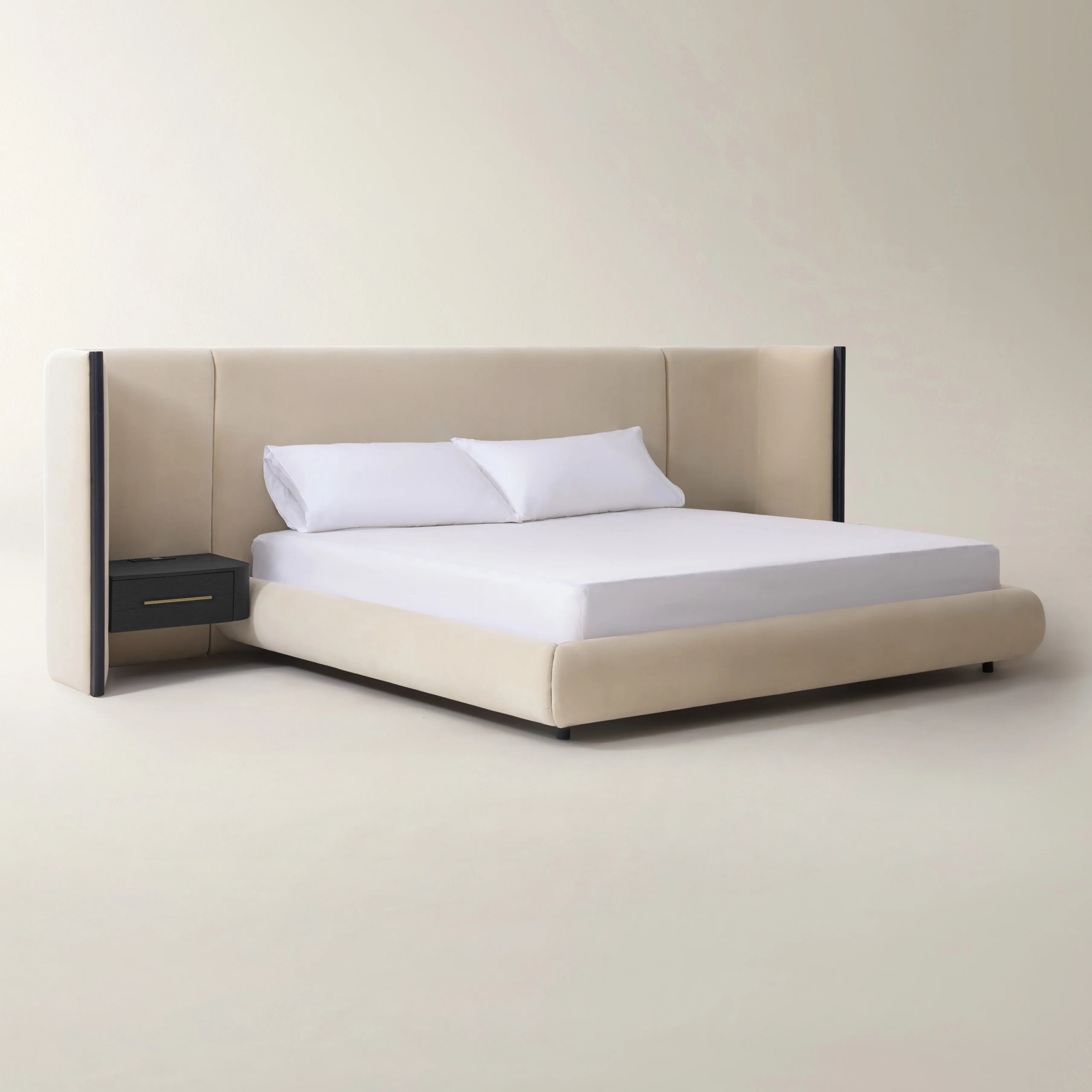 Upholstered Platform Bed with Integrated Nightstands and Power Outlets