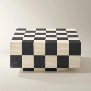 Square Marble Coffee Table with Checkerboard Stone Design