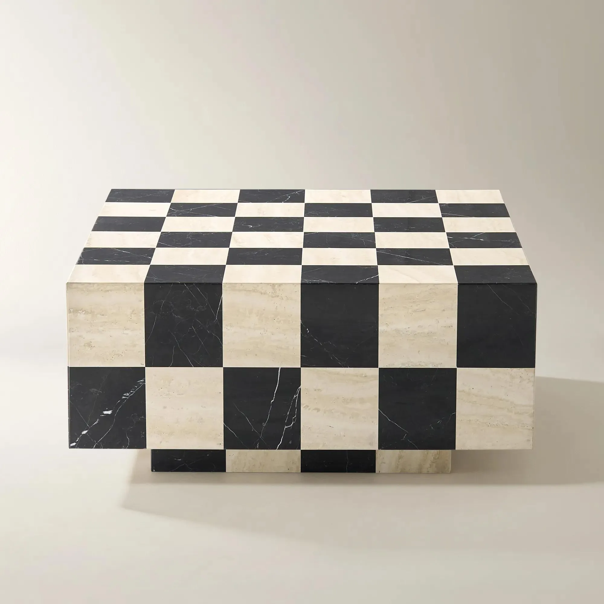 Square Marble Coffee Table with Checkerboard Stone Design