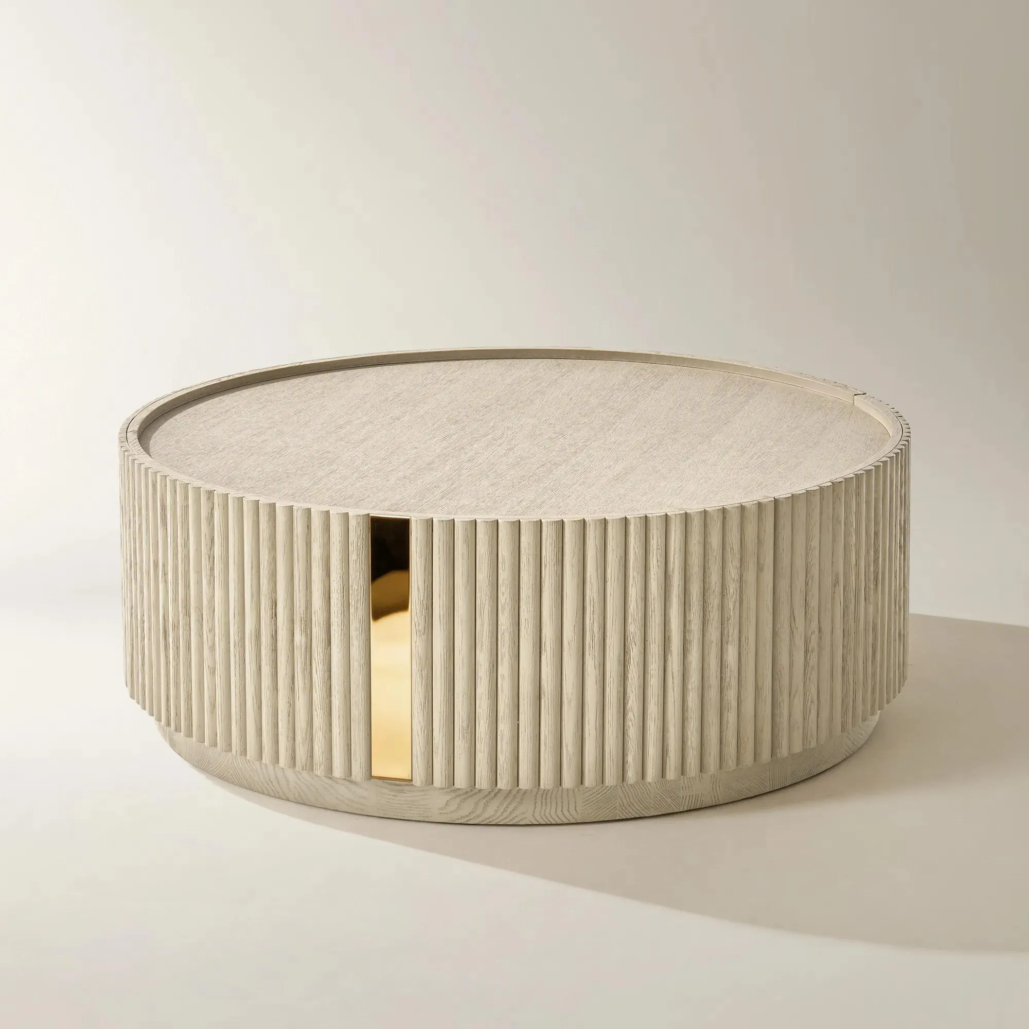 Round Coffee Table with Reeded White Oak and Soft-Close Drawer