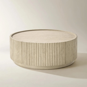 Round Coffee Table with Reeded White Oak and Soft-Close Drawer