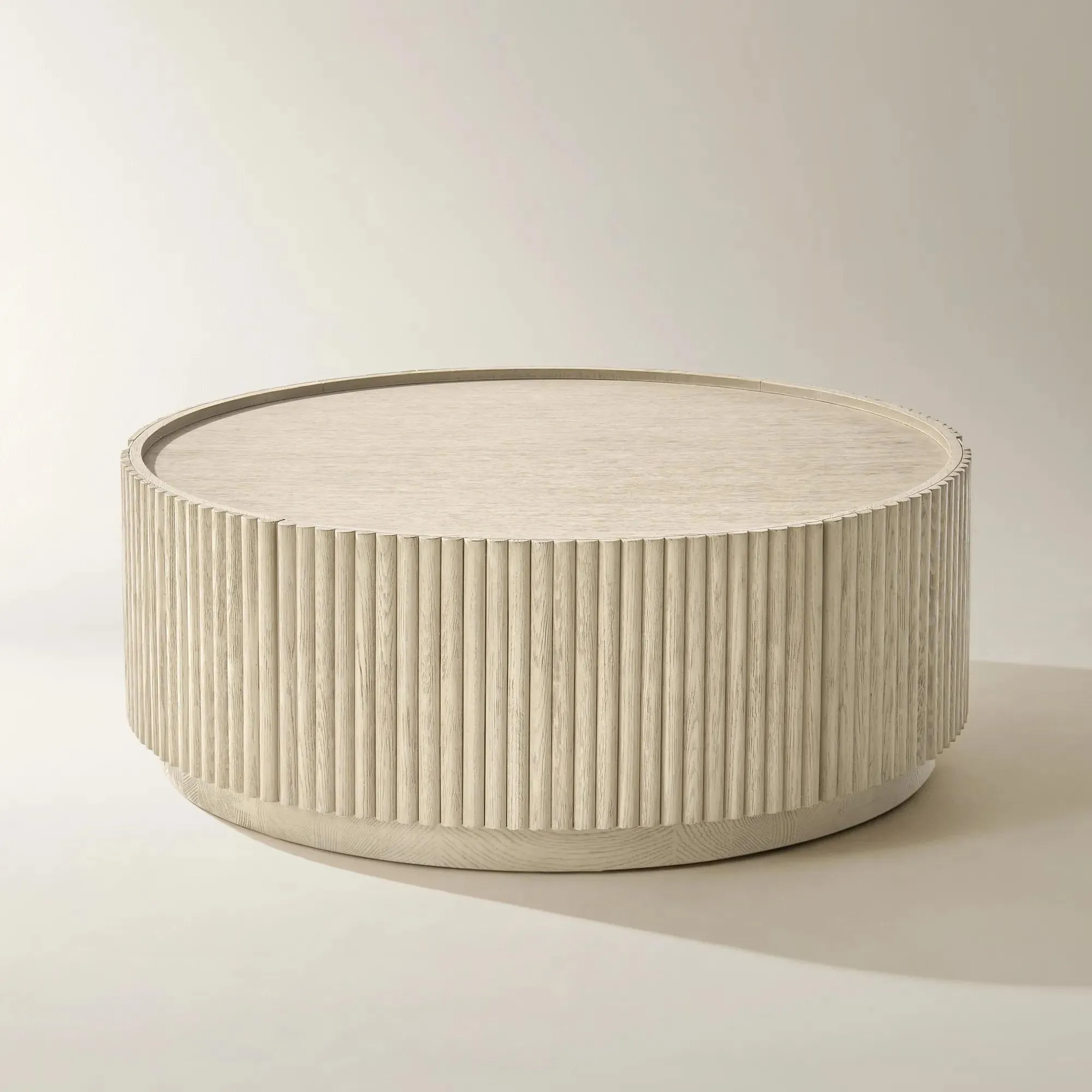 Round Coffee Table with Reeded White Oak and Soft-Close Drawer