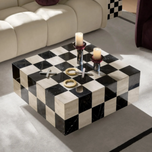 Square Marble Coffee Table with Checkerboard Stone Design