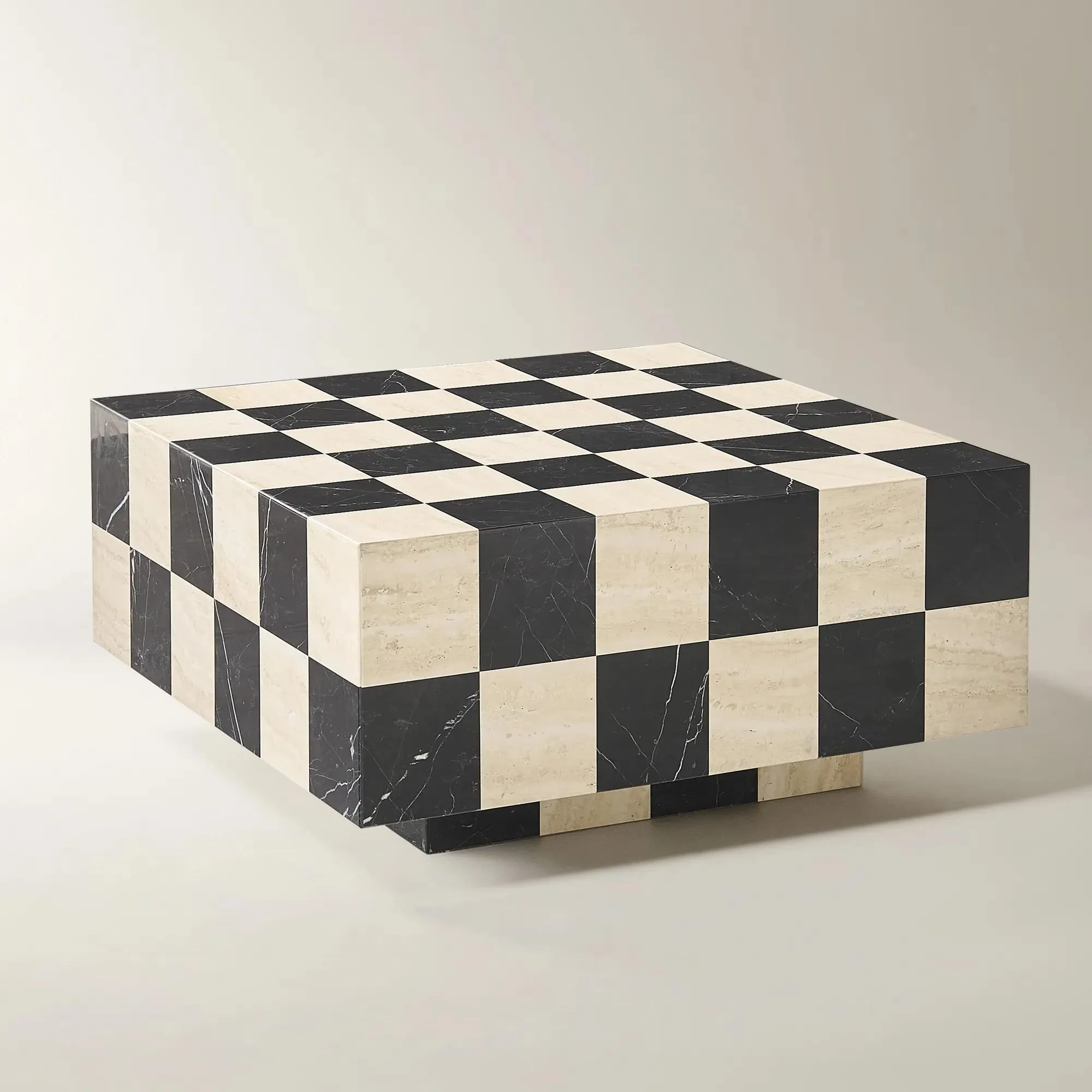 Square Marble Coffee Table with Checkerboard Stone Design