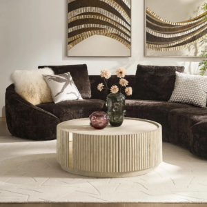 Round Coffee Table with Reeded White Oak and Soft-Close Drawer