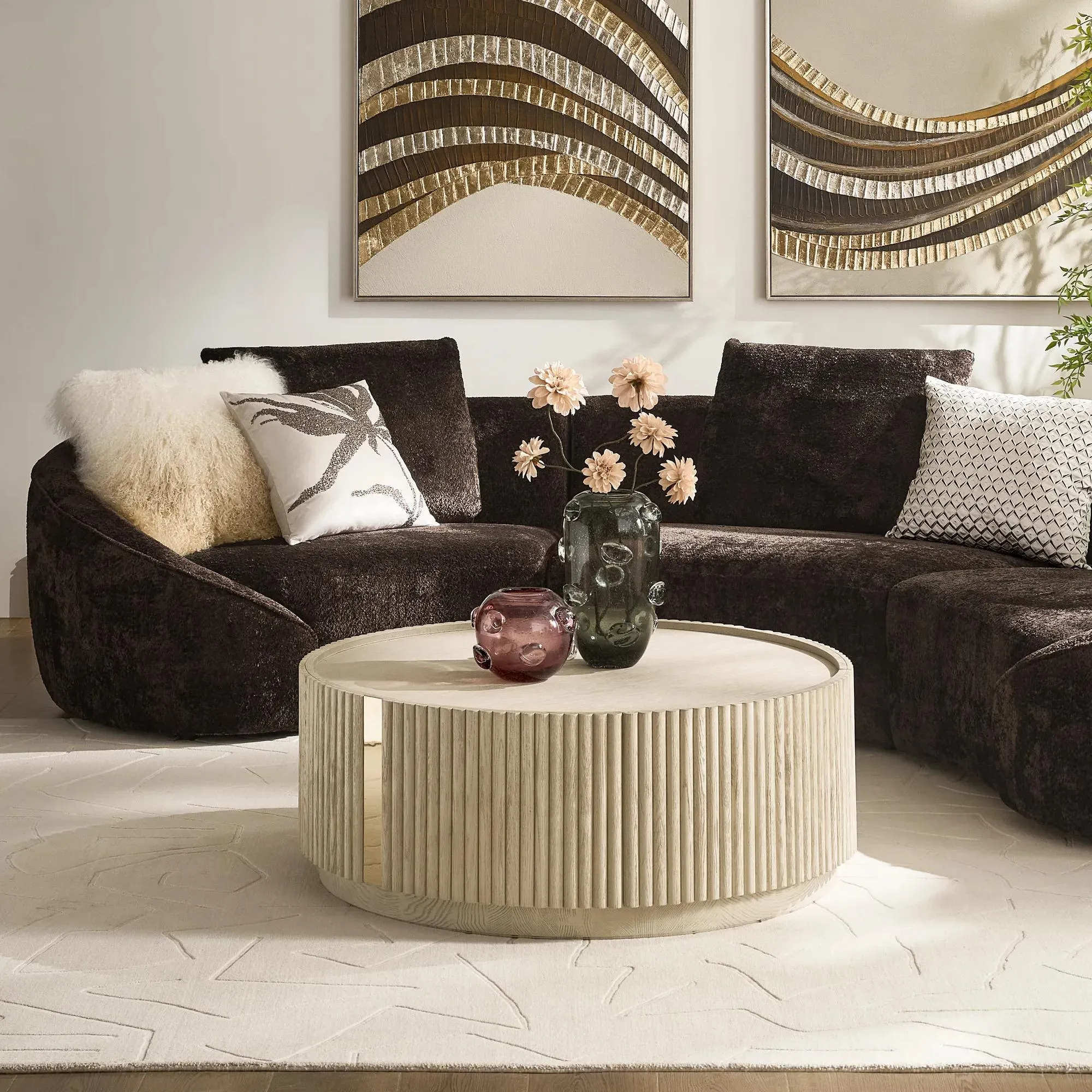 Round Coffee Table with Reeded White Oak and Soft-Close Drawer
