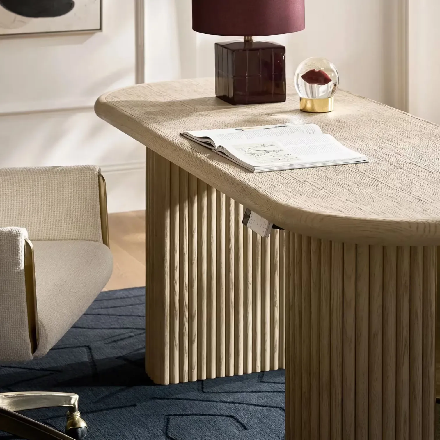 Electric Lift Desk with Reeded Oak Finish and Adjustable Height