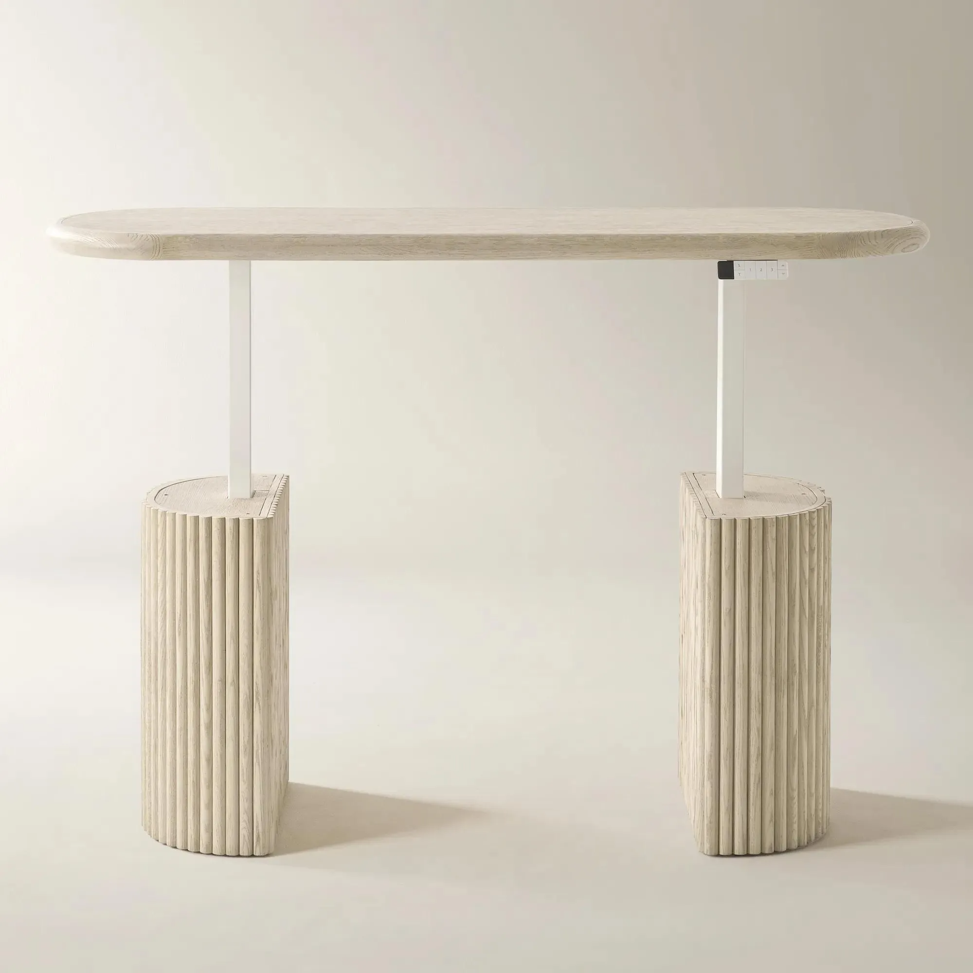 Electric Lift Desk with Reeded Oak Finish and Adjustable Height