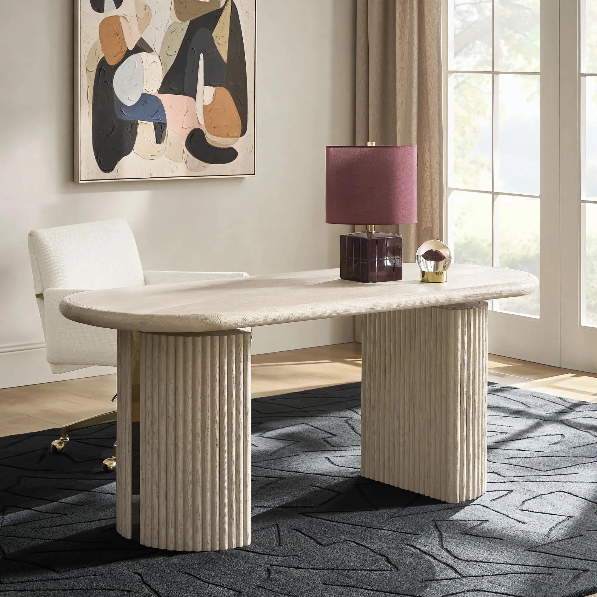 Electric Lift Desk with Reeded Oak Finish and Adjustable Height