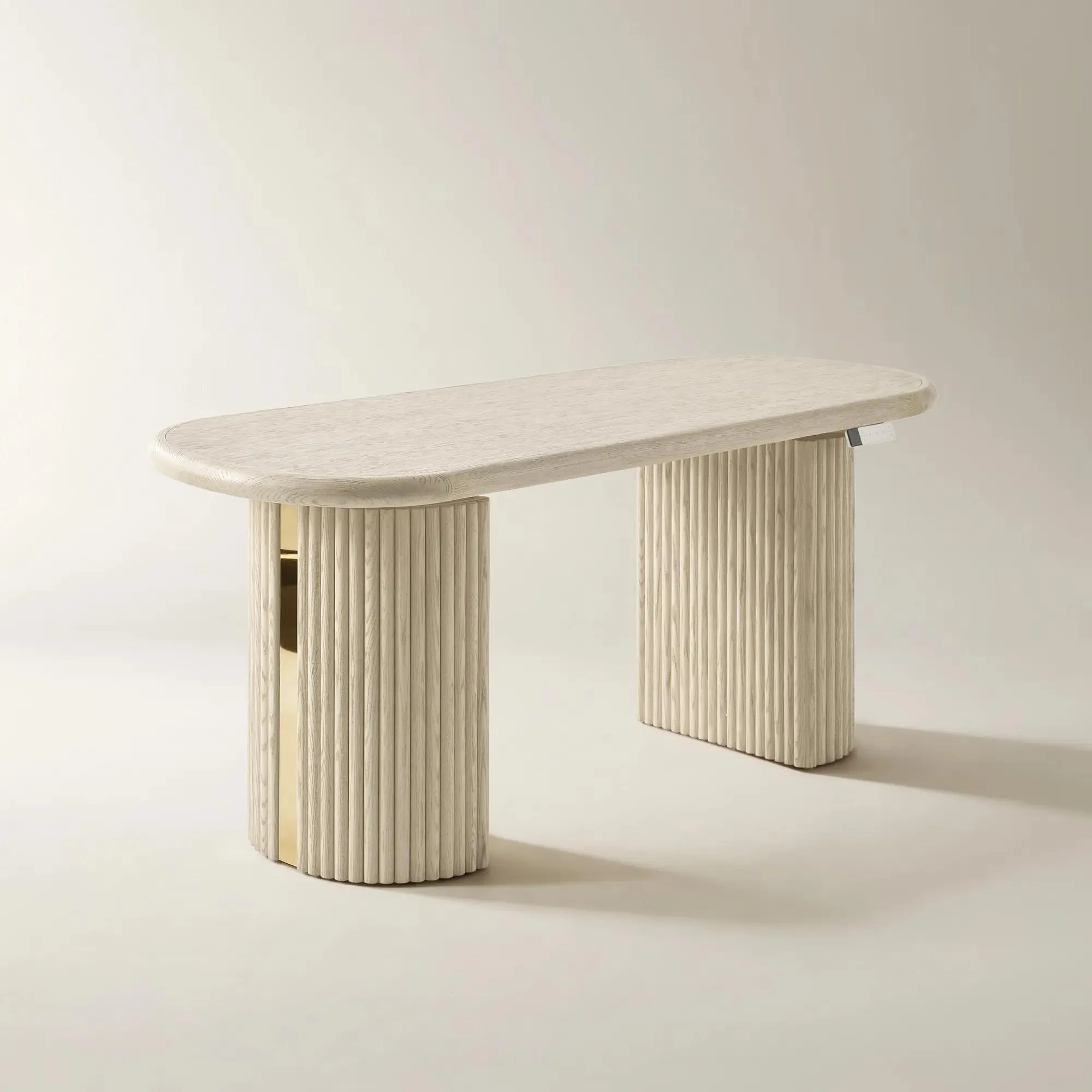 Electric Lift Desk with Reeded Oak Finish and Adjustable Height