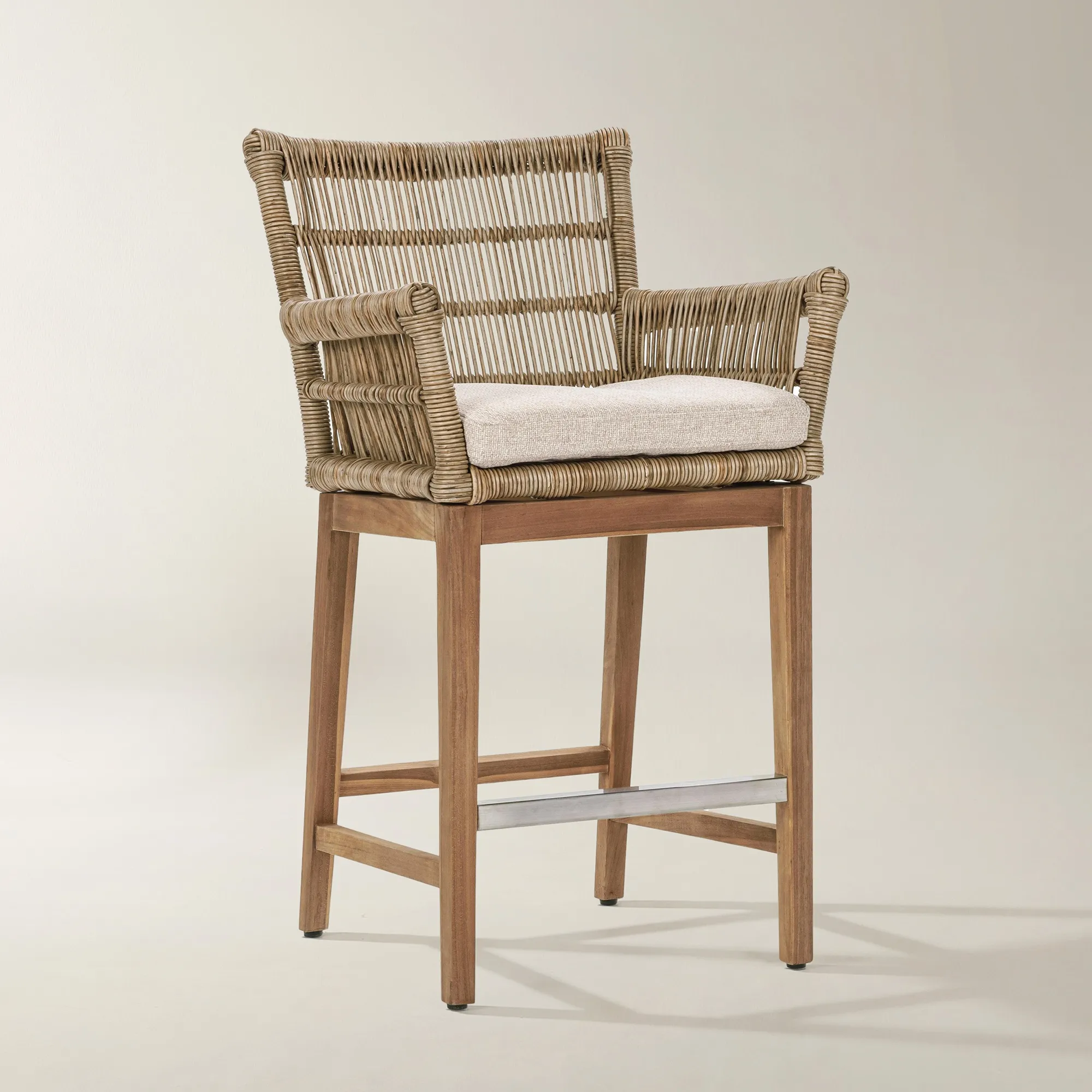 Outdoor Counter Stool with Teak Frame and Rope Backrest