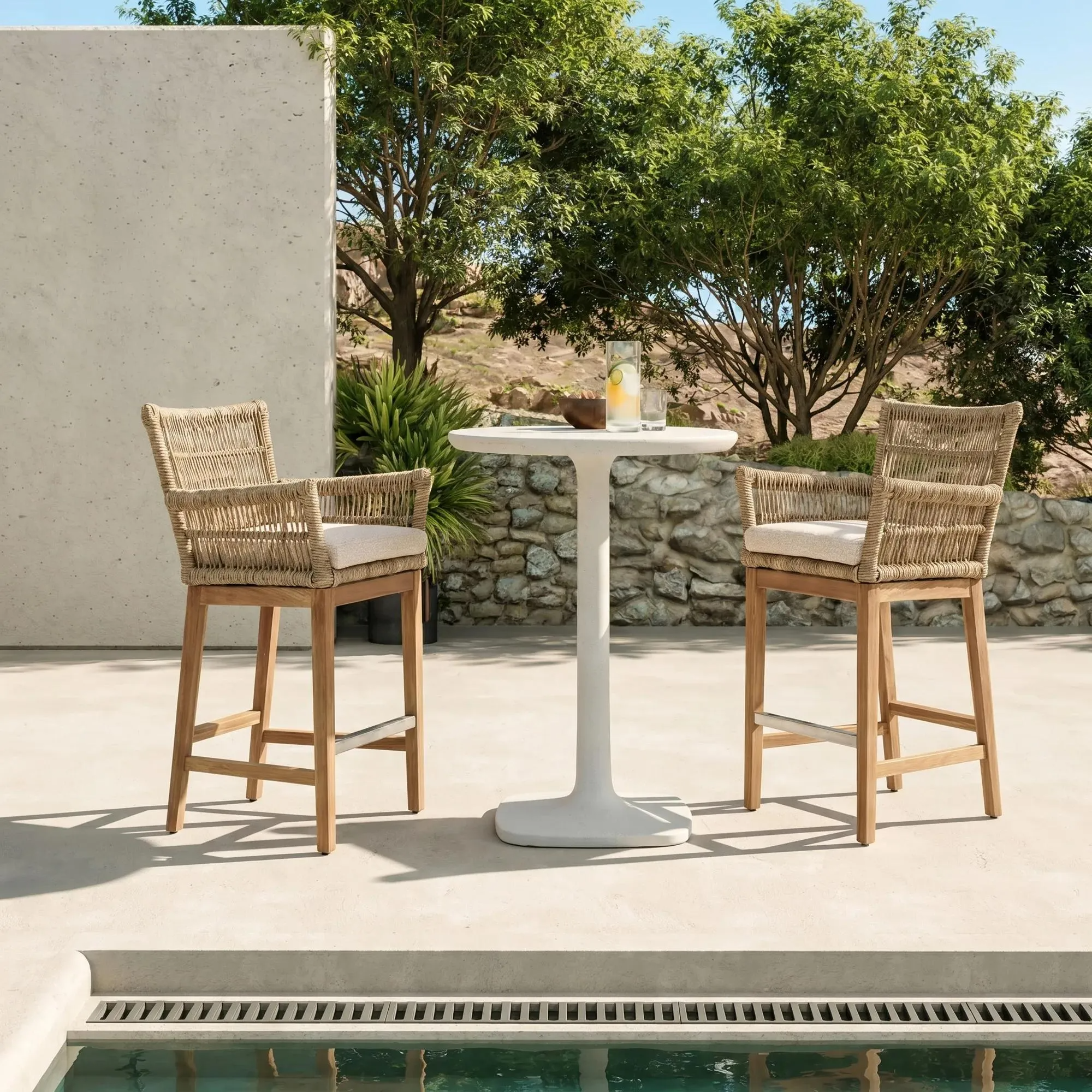 Outdoor Counter Stool with Teak Frame and Rope Backrest