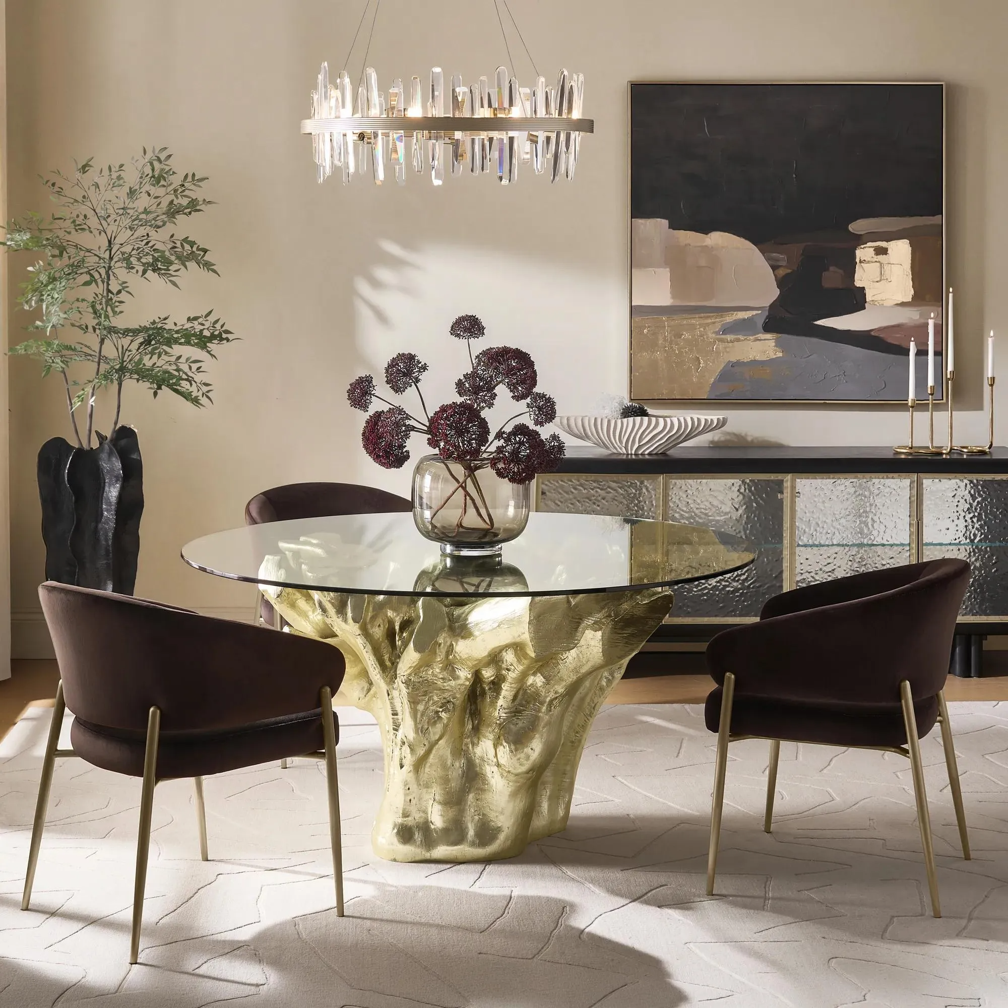 Dining Table with Tempered Glass Top and Sculptural Resin Base
