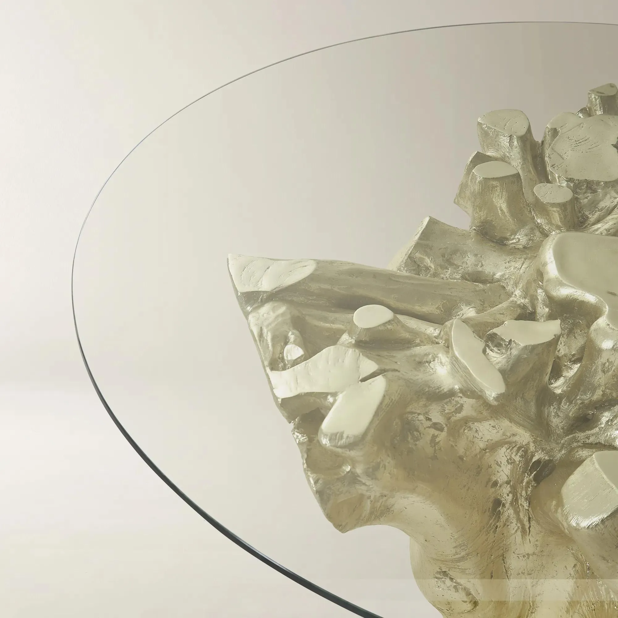 Dining Table with Tempered Glass Top and Sculptural Resin Base